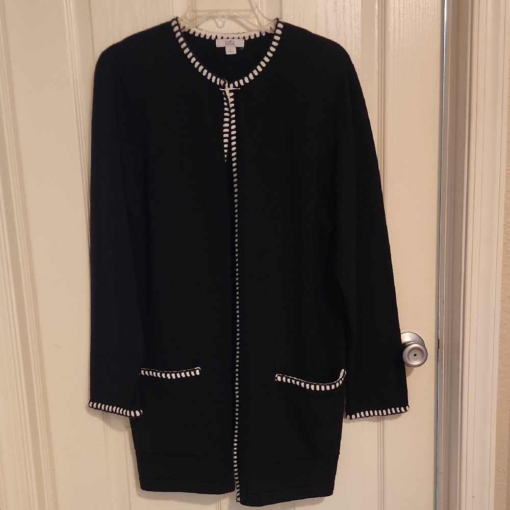 Croft & Barrow Long Black Cardigan with White Accents